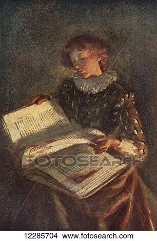 Picture - Untired she read the legend page, of Holy Mark, from youth to age. Illustraion to the unfinished poem by John Keats, The Eve of St. Mark. From Poems of Keats, published c. 1910.. Fotosearch