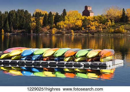 Stock Photograph - Upside down kayaks on a dock reflecting on a lake with autumn colours and wooden grain elevator in the background with blue sky; Calgary, Alberta, Canada. Fotosearch