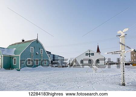 Utqiagvik Presbyterian Church with a whale bone sign in the foreground, Barrow, North Slope, Arctic Alaska, USA, Winter View Large Photo Image Stock Photograph - Utqiagvik Presbyterian Church with a whale bone sign in the foreground, Barrow, North Slope, Arctic Alaska, USA, Winter. Fotosearch