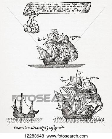 Vasco Da Gama's fleet of ships which left Lisbon, Prtugal in 1497 on the first expedition to sail around the Cape of Good Hope to India and back. From The Romance of the Merchant Ship, published 1931. View Large Photo Image Stock Photo - Vasco Da Gama's fleet of ships which left Lisbon, Prtugal in 1497 on the first expedition to sail around the Cape of Good Hope to India and back. From The Romance of the Merchant Ship, published 1931.. Fotosearch