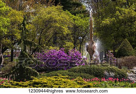 Stock Photograph - Victoria Park and Selbach Fountain; Granby, Quebec, Canada. Fotosearch