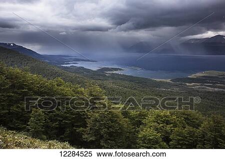 View from Cerro Bandera above Puerto Williams on Navarino Island, Chile, across Beagle Channel toward Ushuaia; Magallanes region, Argentina View Large Photo Image Stock Photography - View from Cerro Bandera above Puerto Williams on Navarino Island, Chile, across Beagle Channel toward Ushuaia; Magallanes region, Argentina. Fotosearch