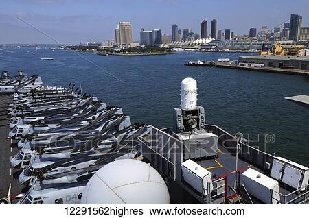 Stock Photograph - View of the flight deck of the USS Peleliu (LHA-5) as the ship departs; San Diego, California, United States of America. Fotosearch