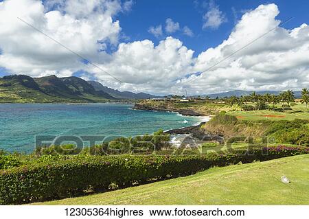 Stock Photograph - View with golf course tee box on entrance to Nawiliwili Harbor; Lihue, Kauai, Hawaii, United States of America. Fotosearch