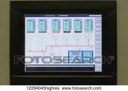 Stock Photograph - Wind generator status screen inside an electrical power plant, Sand Point, Southwestern Alaska, USA, Summer. Fotosearch