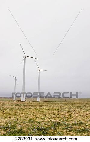 Stock Image - Wind turbines on green tundra, St. Paul Island, Southwestern Alaska, USA, Summer. Fotosearch