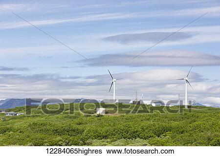 Stock Photograph - Wind turbines, Sand Point, Popof Island, Southwestern Alaska, USA, Summer. Fotosearch