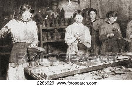 Women took over many men's jobs during World War One, thereby leaving the men free to fight. Seen here women making army boots wearable by heel building or re-soling. From The Pageant of the Century, published 1934 View Large Photo Image Stock Photo - Women took over many men's jobs during World War One, thereby leaving the men free to fight. Seen here women making army boots wearable by heel building or re-soling. From The Pageant of the Century, published 1934. Fotosearch