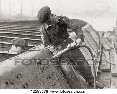 Worker using a Thor Pneumatic Riveting Hammer. From The Romance of the Merchant Ship, published 1931. View Large Photo Image Stock Photo - Worker using a Thor Pneumatic Riveting Hammer. From The Romance of the Merchant Ship, published 1931.. Fotosearch