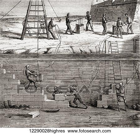 Stock Photograph - Workers in diving suits working on underwater constructions in the 19th century. From Les Merveilles de la Science, published c. 1870. Fotosearch