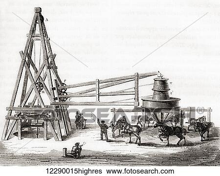 Stock Photograph - Workers using the carousel and winch to drill the artesian wells at Grenelle, France in the 19th century. From Les Merveilles de la Science, published c. 1870. Fotosearch