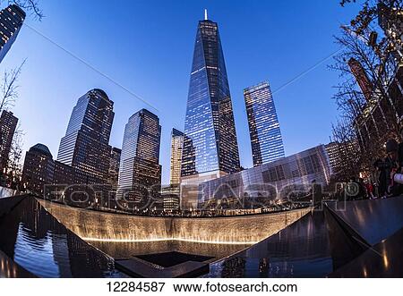 Stock Photo - World Trade Center memorial at twilight, World Trade Centre; New York City, New York, United States of America. Fotosearch