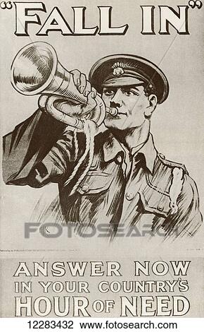 Stock Image - World War One recruitment poster with the words Fall In Answer Now In Your Country's Hour of Need. From The Story of 25 Eventful Years in Pictures published 1935. Fotosearch