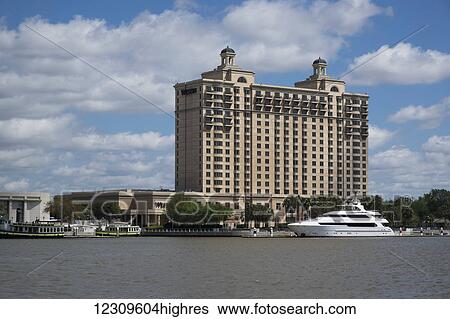 Stock Photograph - Yacht docked at the Westin Hotel; Savannah, Georgia, United States of America. Fotosearch