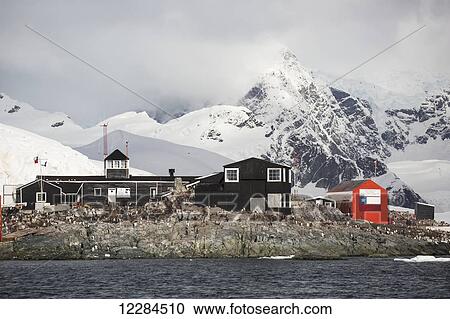 Stock Image - Yelcho Base (Chile) in Paradise Harbour, Antarctic Peninsula; Antarctica. Fotosearch