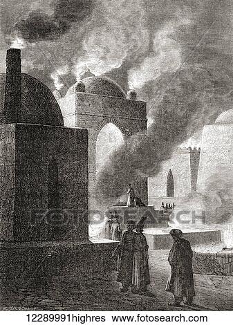 Stock Photograph - Zoroastrian fire worshippers at a Fire Temple in Baku, Azerbaijan. From Les Merveilles de la Science, published c. 1870. Fotosearch