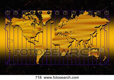Stock Photo - World map in gold with time zones and gold background. Fotosearch