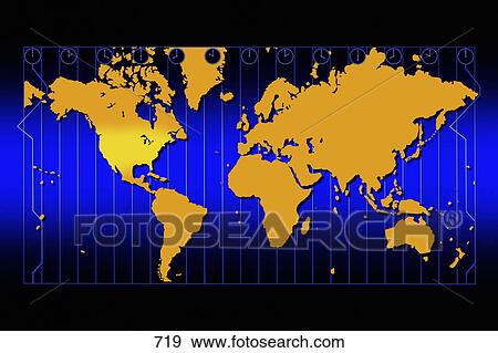 世界地図 中に 金 で 時間帯 と青 背景 写真館 イメージ館 719 Fotosearch