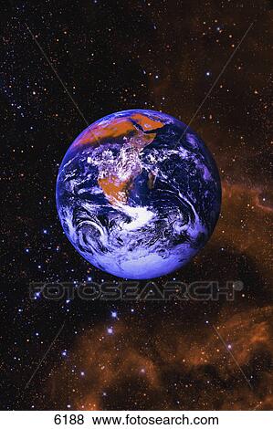 Stock Photo - Earth in space with gaseous nebula and clouds. Fotosearch