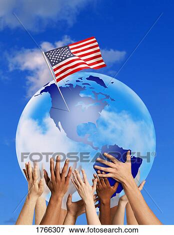 Stock Photo - Hands on a globe. Fotosearch