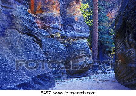 Stock Photo - Small canyon with smooth floor and blue gray walls. Fotosearch