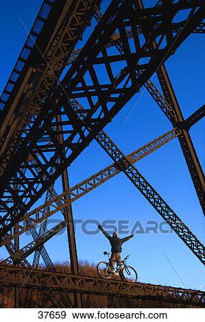 Cyclist under steel trestle bridge View Large Photo Image Stock Photo - Cyclist under steel trestle bridge. Fotosearch
