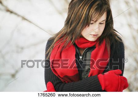 Woman with red scarf and mittens View Large Photo Image Stock Image - Woman with red scarf and mittens. Fotosearch
