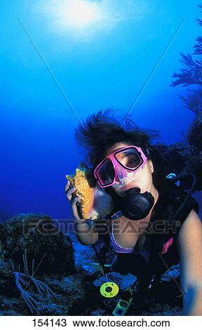 Stock Image - Scuba diver holding up shell. Fotosearch