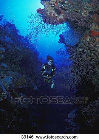 Stock Photograph - Scuba diver in gap between rocks. Fotosearch