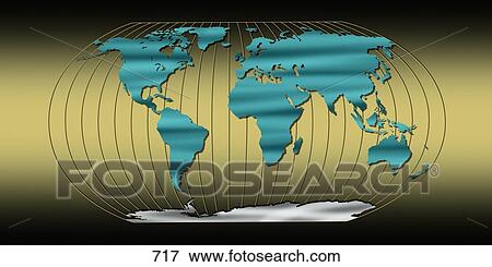 Stock Photo - World map with longitude lines on gold background. Fotosearch