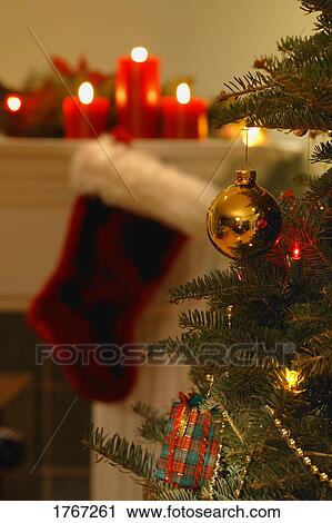 Stock Image - Christmas Stocking and Tree . Fotosearch