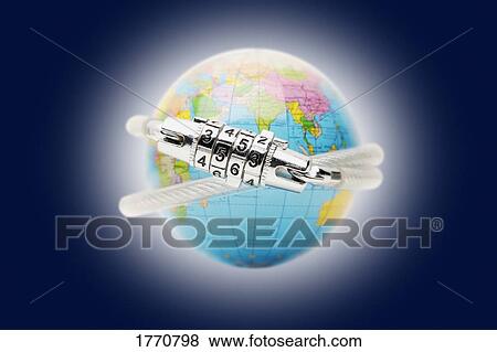 Stock Photo - Globe tied with security lock. Fotosearch