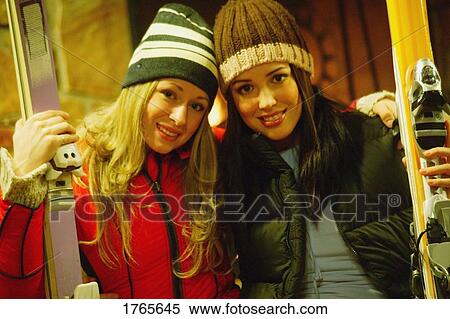 Portrait of friends with skis View Large Photo Image Stock Photography - Portrait of friends with skis. Fotosearch