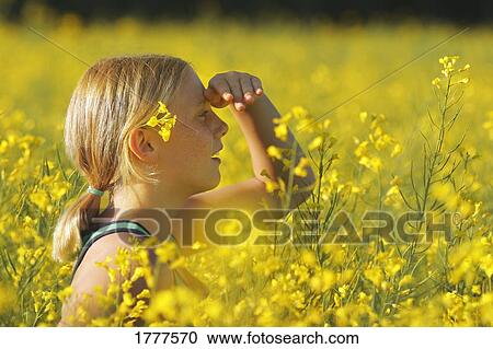 Stock Image - Young girl in a field of yellow flowers. Fotosearch