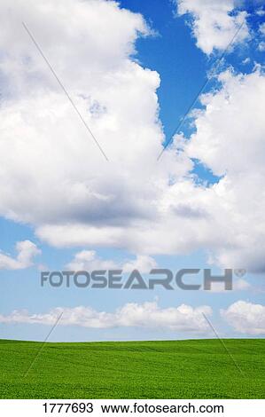 Stock Image - Clouds in the sky with a green field in the foreground. Fotosearch