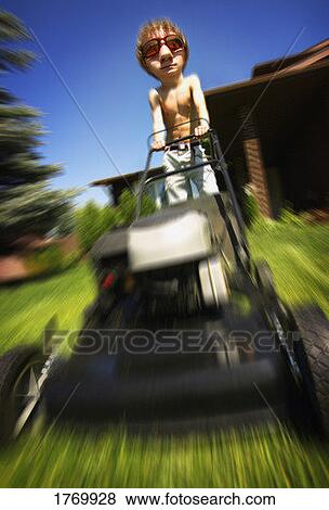 Stock Photo - Guy wearing silly glasses mowing lawn. Fotosearch