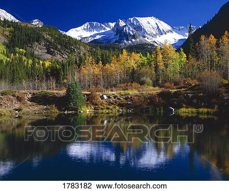 Stock Image - Pond reflects mountains, Castle Creek Valley. Fotosearch