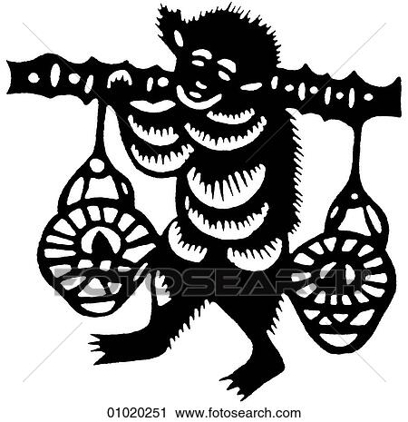 Clip Art - Signs & Symbols - line art China Monkey carrying lanterns. Fotosearch