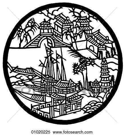 Signs & Symbols - line art China Papercut landscape with a pagoda and boats. View Large Illustration Stock Illustration - Signs & Symbols - line art China Papercut landscape with a pagoda and boats.. Fotosearch