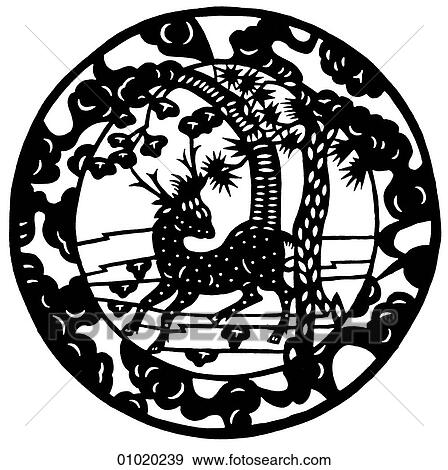 Stock Illustration - Signs & Symbols - line art China The stag and the pine tree both represent longevity.. Fotosearch