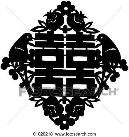 Stock Illustration - Signs & Symbols - line art China This papercut employs two magpies to offer double happiness.. Fotosearch