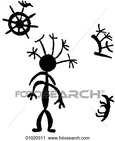 Clip Art - Signs & Symbols - line art Drum painting of a shaman with energy rays piercing his head. Shaman comes from the Tunguso-Manchurian "saman" - "he who knows". In most cultures the shaman`s principle function was healing as sickness was seen as a loss. Fotosearch
