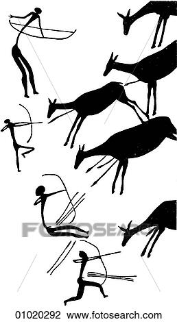 Signs & Symbols - line art Europe Mesolithic rock painting from Los Caballos in southern Spain. A line of archers fires arrows into a herd of frantic deer that most likely have been driven into a carefully planned ambush by beaters. View Large Illustration Drawing - Signs & Symbols - line art Europe Mesolithic rock painting from Los Caballos in southern Spain. A line of archers fires arrows into a herd of frantic deer that most likely have been driven into a carefully planned ambush by beaters.. Fotosearch