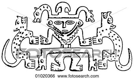 Stock Illustration - Signs & Symbols - line art Peruvian god with jaguars.. Fotosearch