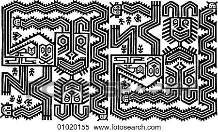 Stock Illustration - Signs & Symbols - line art The Americas An embroidered border with a main feature of a monkey with a serpent`s tail. Inside its body is contained the figure of a cat. Other small animal figures fill in the background. Peruvian "Necropolis" style.. Fotosearch