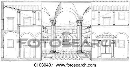 建築 イタリア 線画 見通し イラスト ルネッサンス 本 別れなさい 入口 で A 光景 によって へ 中庭 から 入口 の 病院 の San Genovesi ルネッサンス