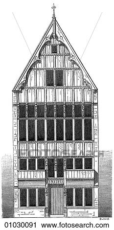 建築 ベルギー 線画 登用 半分材木で支えられる 家 において Mechlin おそらく それ の A 繁栄している Flemish Merchant クリップアート Fotosearch