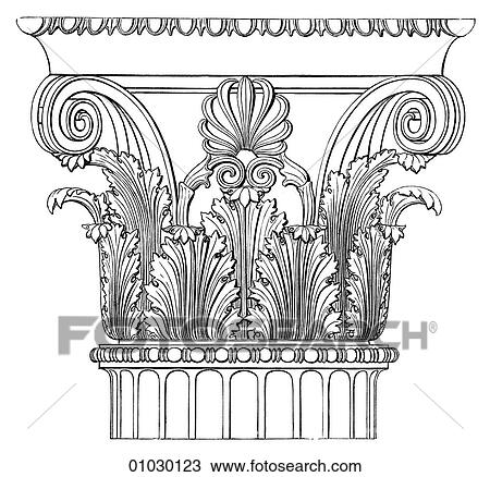 Drawing - Architecture - Ancient Greece - line art Detail Classical Capital (The head of a pillar or column) from the Temple of the Didymaean Apollo near Miletus. acanthus leaf, palm tree, palmetto, flora, myth, mythic, mythology, Greek, vertical. Fotosearch