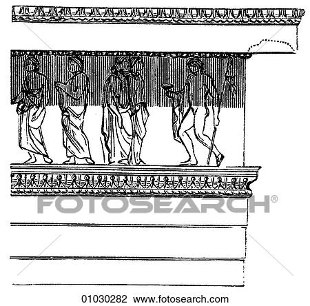Architecture - Ancient Greece - line art Detail Classical Ionic architrave and frieze. The Ionic order of Greek architecture is characterized by column with scroll shapes on either side of the capital (the capital is the top of the column). View Large Illustration Drawing - Architecture - Ancient Greece - line art Detail Classical Ionic architrave and frieze. The Ionic order of Greek architecture is characterized by column with scroll shapes on either side of the capital (the capital is the top of the column).. Fotosearch