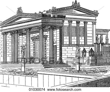 Stock Illustration - Architecture - Ancient Greece - line art (c3) Perspective Illustration Classical North-eastern view of the Erechtheum, the Temple of Athena built 421-405 BC on the Acropolis at Athens. The Ionic capitals are considered to be the most beautiful produced. Fotosearch